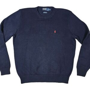 Polo Ralph Lauren 100% Cotton Knit Sweater Navy Blue Red Pony Medium Vintage
